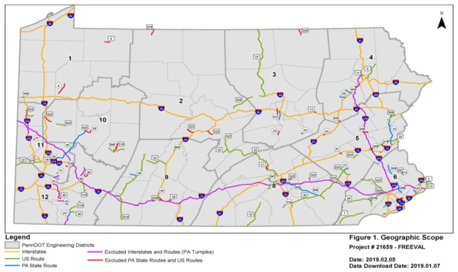 A screenshot of a highway map of Pennsylvania with different routes designated in different colors depending on the entities that own the highways.